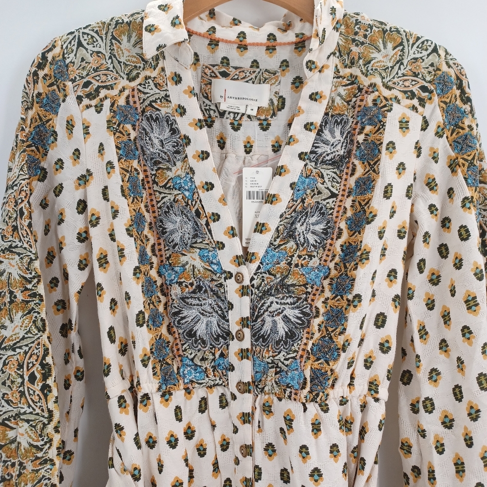 Anthropologie Floral Puff Sleeve Mini Dress Cotton XS - Picture 5 of 14